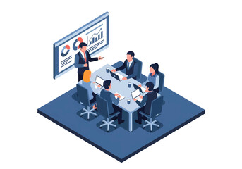 Isometric 3D flat vector of modern office workspace with people working together on laptops and charts, teamwork and productivity scene