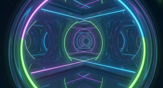 Abstract neon tunnel with geometric shapes and vibrant colors.