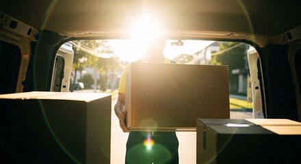 Delivery driver loading packages into a van during a sunny day	