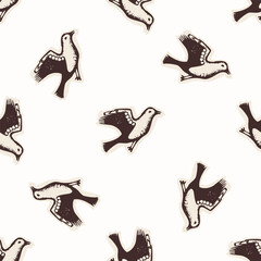 Christian holy dove hand drawn seamless vector pattern. Religious home decor background for sunday school bible study motif. Reflection candle symbol all over print. 