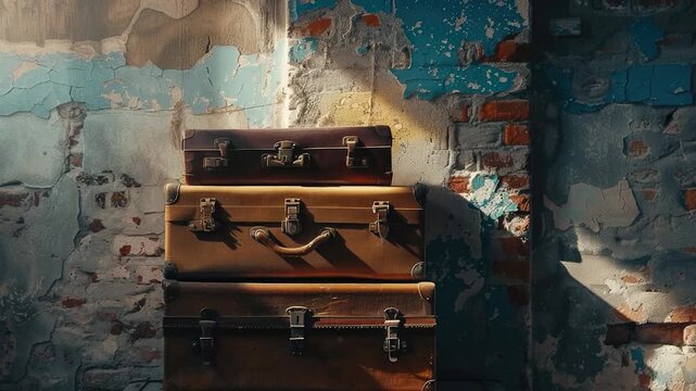 Video A collection of luggage stacked on top of each other, possibly in storage or for travel
