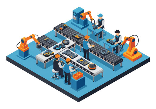 Isometric vector of modern factory with workers assembling products on conveyor belts, robotic arms, and packaging stations, manufacturing and automation theme