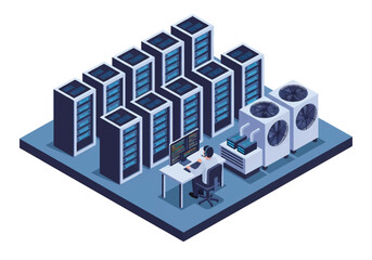 Isometric 3D vector of secure data center with server racks, technician monitoring screens, and cooling units, cloud computing and cybersecurity theme