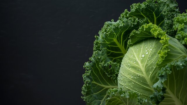 Fresh organic kale head with water droplets against a dark textured background for culinary and healthy lifestyle concepts