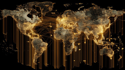 A highly detailed map of the world outlined in glowing gold connected by data lines