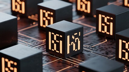 Futuristic digital cubes with glowing pixelated text symbolizing data processing and network connections against a technological background.