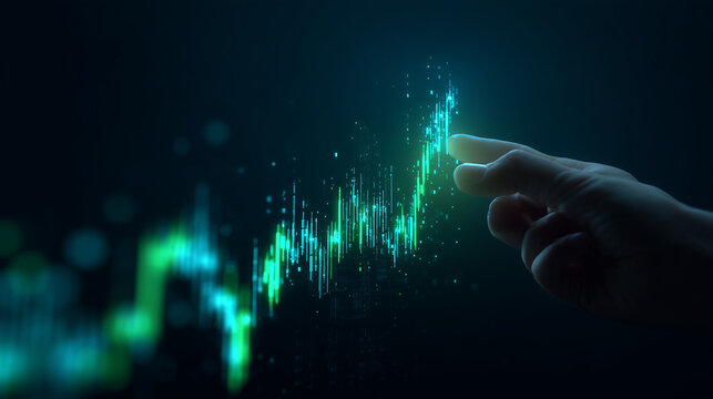 A hand holding holographic projection of a digital crypto candlestick chart, focusing on a green up-trend.
