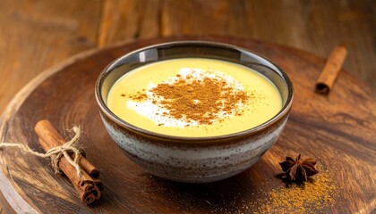 Creamy yellow soup with cinnamon and star anise garnished with whipped cream on a rustic wooden board