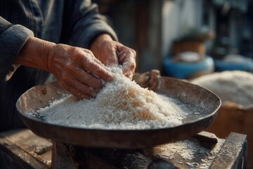 Fototapeta premium Market woman weighing rice on old scale
