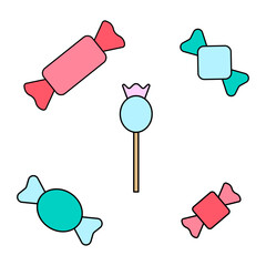 Candy vector icon. Flat colorful set of sweets logo with lines. Candies in thin style.