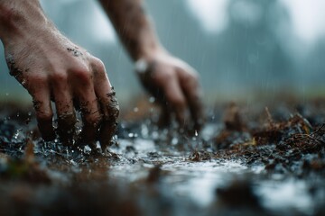 Muddy hands shaping clay under rain