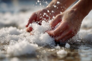Fototapeta premium Hands collecting white salt under sunlight