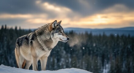 Fototapeta premium Majestic gray wolf stands proudly on a snowy peak, exhaling breath in the crisp winter air against a dramatic twilight sky and a serene forest backdrop.