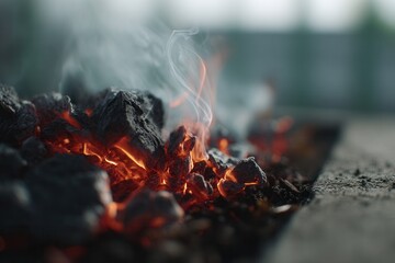 Macro glowing charcoal and ash texture
