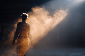 Elderly woman walking from shadow into light