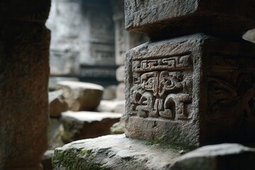 Temple carvings glowing under shifting light
