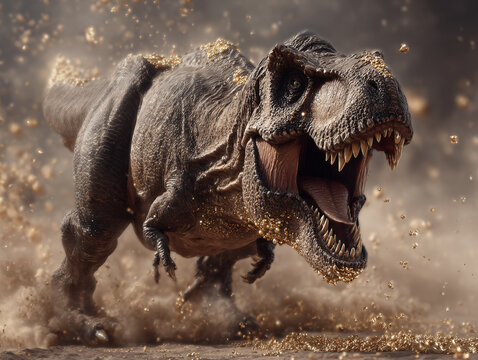 a dinosaur, possibly a T-Rex, in a dynamic pose with its mouth open, showing sharp teeth, and surrounded by a cloud of dust or debris