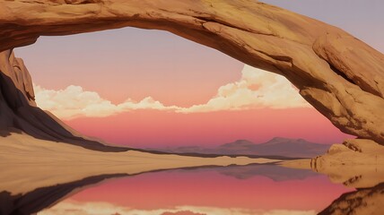 Majestic desert landscape with natural stone arch reflected in tranquil water and dramatic sunset sky