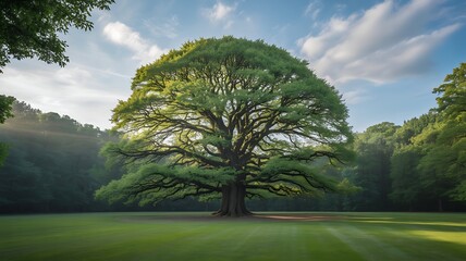 Majestic ancient tree standing proudly in a lush green meadow with a beautiful blue sky and clouds