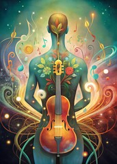 A man with a violin against a musical background