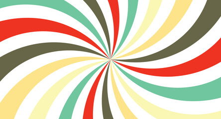 retro starburst sunburst background pattern and grunge textured vintage color palette of orange, red, beige, peach, and blue in spiral or swirled radial striped vector design