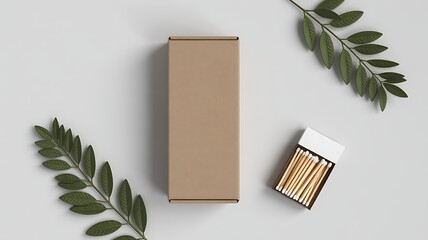 Minimalist composition featuring a brown rectangular box, open matchbox, and green leafy branches on a neutral gray background