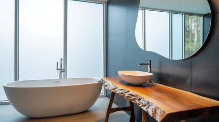Modern bathroom interior featuring a freestanding bathtub natural wood vanity and stylish decorative mirror
