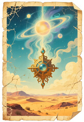 空中に浮かぶ古代シンボルの様な未確認飛行物体を描いたヴィンテージ風のポスターイラスト