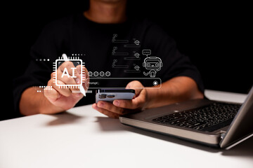 A person interacts with a smartphone while using a laptop, with digital AI graphics overlaying the scene, indicating a focus on technology and innovation.