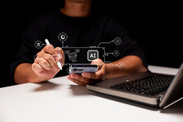 A person using a smartphone with AI-related graphics displayed, symbolizing the integration of technology and communication in modern life.