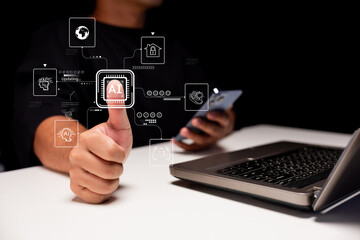 A person interacts with a smartphone and laptop, showcasing AI technology with a thumbs-up gesture in a dark setting.