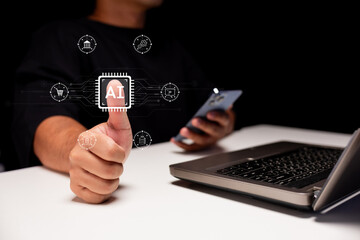 A hand giving a thumbs up, with a smartphone in the other hand, and digital icons representing artificial intelligence and technology.