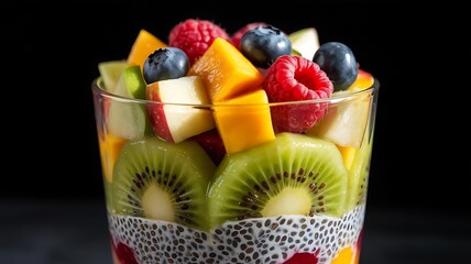 Refreshing and healthy fruit salad parfait in a glass layered with chia seeds and assorted berries