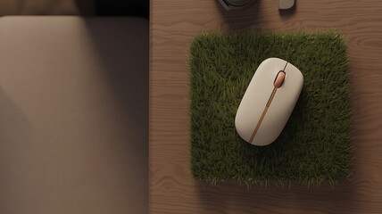 Modern wireless computer mouse on a miniature patch of green grass resting on a wooden desk surface