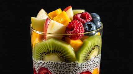 Refreshing layered chia seed pudding parfait with vibrant fruits including mango raspberries blueberries and apple slices on a dark background.
