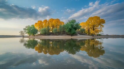 Scenic autumn landscape featuring lush trees in various colors reflected in calm waters under a cloudy sky