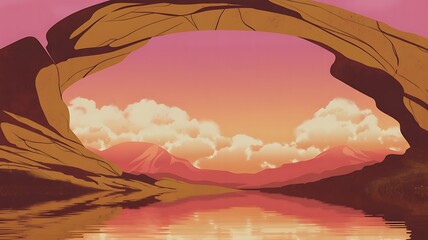 Scenic landscape illustration featuring a natural stone arch reflected in tranquil water beneath a colorful sky