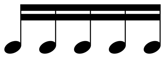 Black five beamed sixteenth notes icon in flat vector style, connected semiquaver group for rhythm and melody notation design, PNG with transparent background