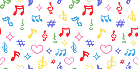Crayon Musical Notes Vector Seamless Pattern. Chalk Scribble Music Symbol Shapes Collection. Pastel Colors Hand Drawn Brush Texture Treble Clefs. Pencil Emphasis Elements Charcoal Doodle Audio Icons