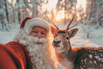 Portrait of senior Caucasian man with beard wearing Santa Claus costume smiling and taking selfie with reindeer in snowy forest during winter sunset, both facing camera
