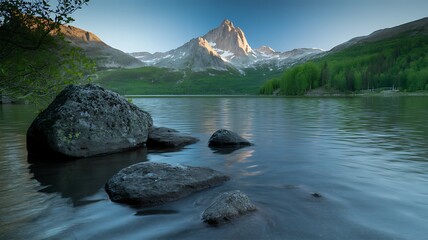Scenic mountain landscape featuring a serene lake with large rocks in the foreground and majestic peaks beyond.