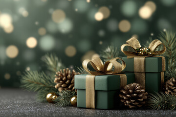 Green gift boxes with gold ribbons surrounded by pine branches and pine cones resting on dark surface, festive holiday arrangement featuring decorative elements and bokeh background