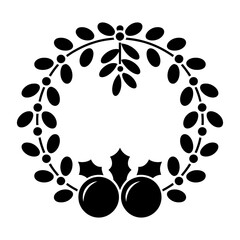 Christmas decoration. round frame with holly leaves, oranges icon Silhouette vector on white background 