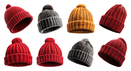 PNG Colorful knitted winter hats, element set on transparent background