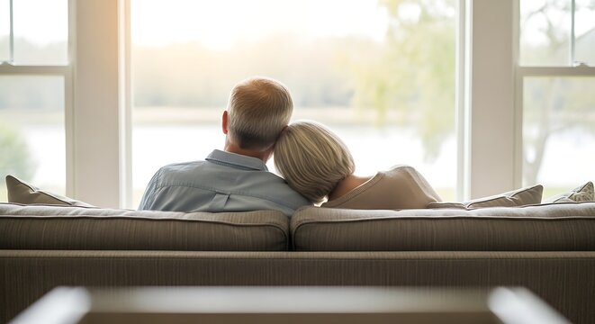 Elderly Couple Sitting on Couch Watching Lake View Through Large Windows in Bright Living Room