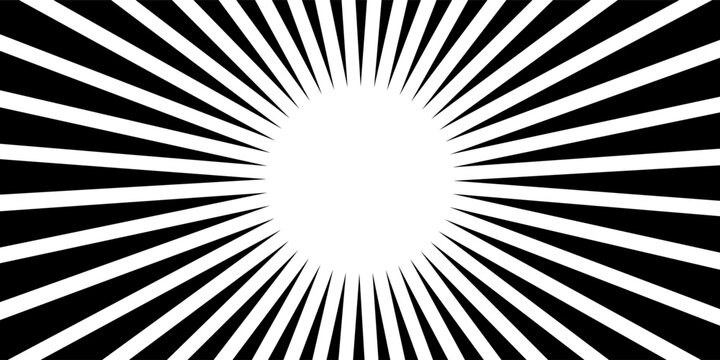 Sun ray light. Sun rays background. Radial burst. Sunburst black pattern isolated on white background. Beams line. Radiate sunlight. Comic effect texture. Retro pop art stripe. Vector illustration