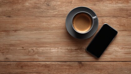 Coffee And Smartphone On Wooden Table: Essential Tools For Business Success. Perfect For A Dose Of Caffeine And Staying Connected.