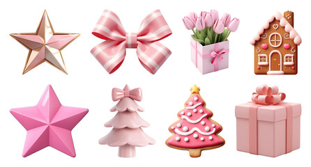 PNG Festive pink holiday decorations collection, element set on transparent background
