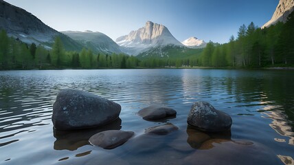 Scenic landscape of a serene lake reflecting mountains and lush green forests under clear blue skies