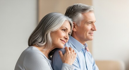 Fototapeta premium Elderly Couple Sitting Close Smiling Warmly Indoor in Bright Natural Light